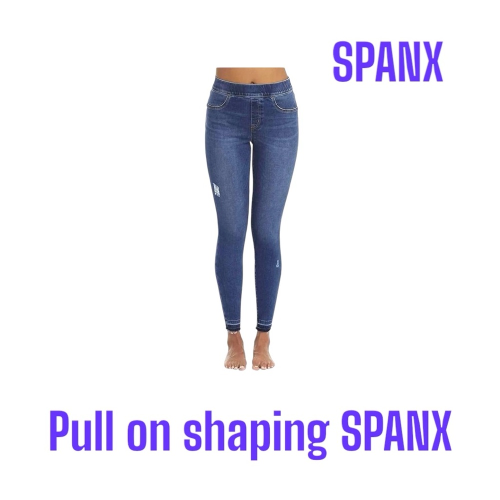Spanx Women's Blue Jeans distressed style, size Large - Excellent condition